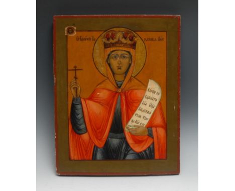 A Russian Orthodox icon, painted in polychrome with Santa Parasceva [Saint Paraskeva of the Balkans], on panel, 44.5cm x 34.5