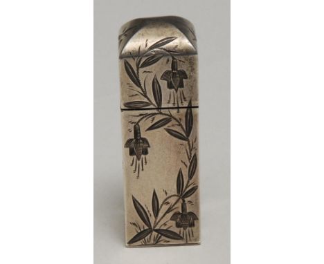 A Victorian silver Aesthetic Movement silver square scent bottle, engraved in the Japanese taste with songbirds amongst flowe