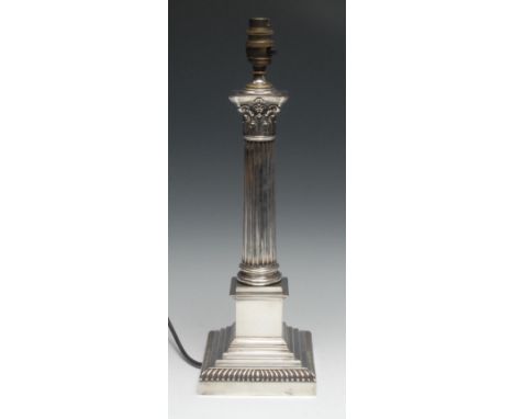 A George V silver Corinthian column table lamp, stepped square base with gadroooned border, 35cm to base of fitting, Hawkswor