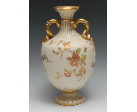 A Royal Worcester two handled pedestal ovoid vase, printed and painted with pink blossom and foliage on a blush ivory ground,