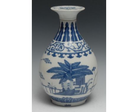 A Chinese ovoid wine vase, decorated in tones of underglaze blue with flowers and trees, bayonet cover, 30cm high, six charac