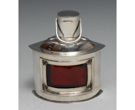 A George V silver novelty combination table vesta and cigarette box, as a port side ship's lamp, redglass lens, 14cm high, Sa