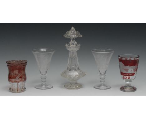 A pair of ale glasses, the funnel shaped bowls engraved with grouse shoot, 14cm high; a Victorian decanter and stopper, 23cm 