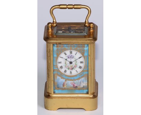 A 19th century French miniature porcelain mounted ormolu carriage time piece, 3cm circular clock dial with Roman numerals, pa