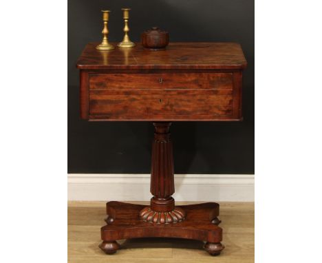 A William IV mahogany lamp or work table, rounded rectangular top above a deep frieze drawer, turned and reeded column, incur