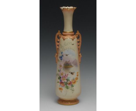 A Locke &amp; Co. Worcester slender ovoid two handled vase,  painted with a lake scene with with an island, honeybees, roses 