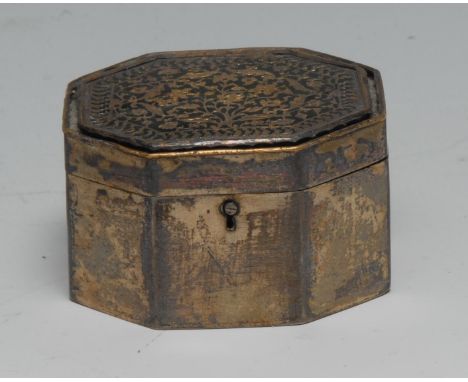 A 19th century silvered brass octagonal snuff box, the hinged cover applied in green champlevé enamel with leafy scrolling fl