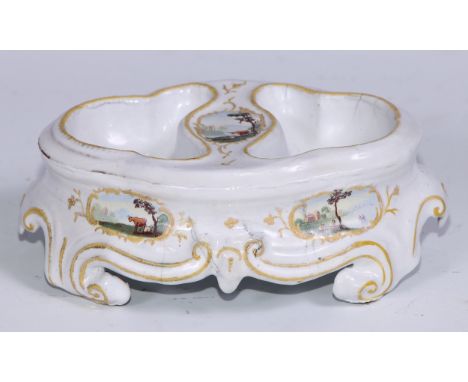 A George III South Staffordshire enamel shaped oval double salt, painted in polychrome with landscape vignettes, 14.5cm wide,