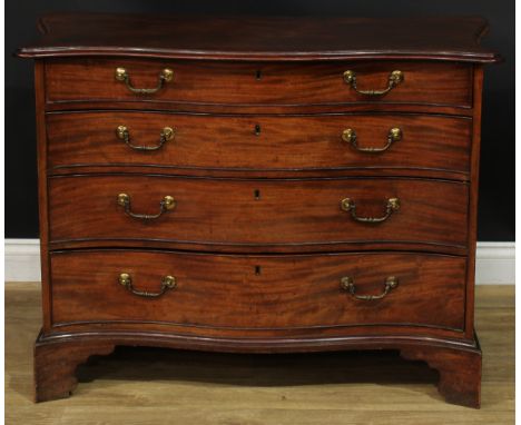 A George III mahogany serpentine chest, slightly oversailing top with moulded edge above four long graduated cockbeaded drawe