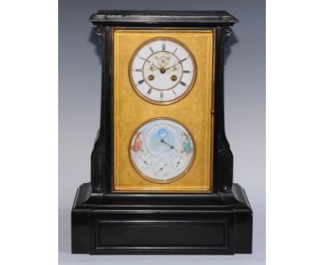 A 19th century French black marble calendar mantel clock, 12cm enamel dial with Roman and subsidiary Arabic numerals, Brocot 