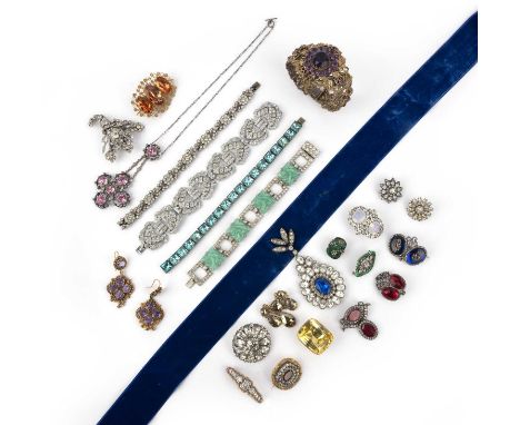 A collection of paste jewels, late 18th-20th century, comprising: fifteen brooches, including an opaline and colourless paste