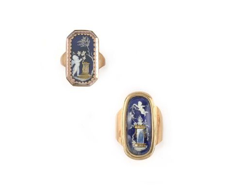 λ Two enamel and ivory sentimental rings, late 18th century, comprising: one ring of cut-cornered rectangular outline, the gl