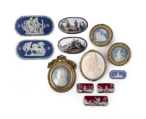 A collection of Jasperware and enamel plaques, 18th/19th century, comprising: a framed jasperware cameo of Medusa in a gilt f