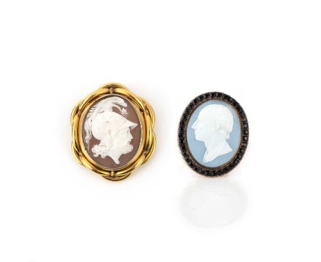 A paste cameo mourning ring, James Tassie, late 18th century, and a shell cameo broooch, mid 19th century, the brooch set wit
