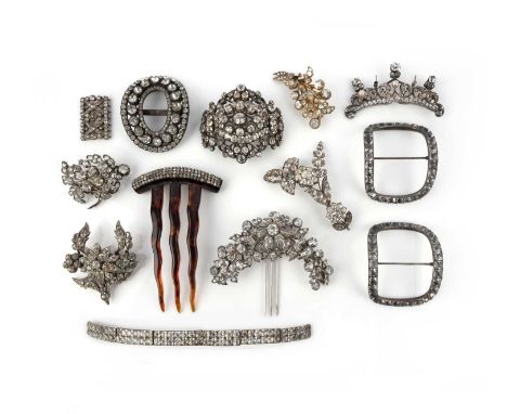 λ A collection of paste jewels, 19th century, comprising: four brooches of floral spray design, set with circular-cut pastes,
