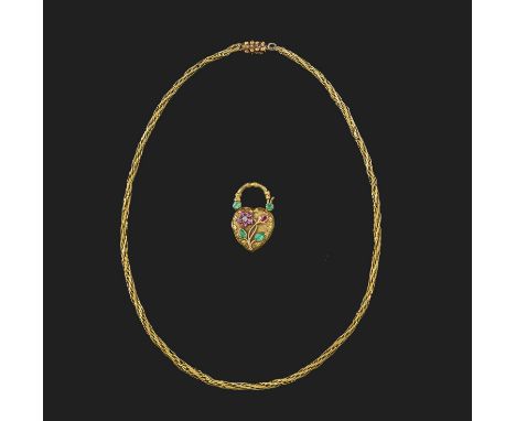 A ruby, emerald, pearl and diamond locket pendant necklace, circa 1830, designed as a heart-shaped padlock in varicoloured go