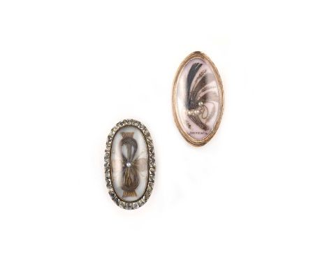 Two shell, pearl and hairwork mourning rings, late 18th century, comprising: a ring of oval outline, set with a section of wh