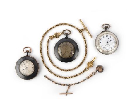 Three pocket watches and an Albert chain, early 20th century, comprising: one pocket watch, the silvered dial with subsidiary