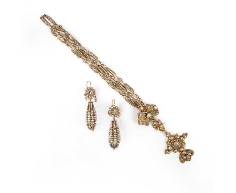 A pearl demi-parure, Southern Italy, early-mid 19th century, comprising: a necklace suspending a cross pendant, constructed i
