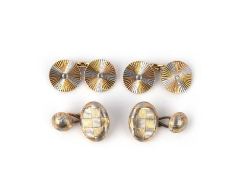 Two pairs of gold cufflinks, early 20th century, comprising: a pair of cufflinks, the larger oval and smaller circular ends e
