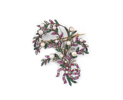 A ruby, pearl, rock crystal and paste brooch, 18th/early 19th century, designed as a bouquet tied with a ribbon, set with cus