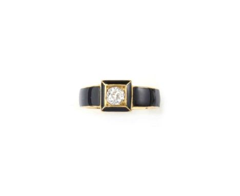 An enamel and diamond mourning ring, circa 1880, set with a cushion-shaped diamond in a square border, the setting and should