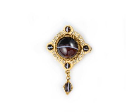 A gold, onyx and enamel locket brooch, late 19th century, designed in the Archaeological Revival style, set with a banded ony