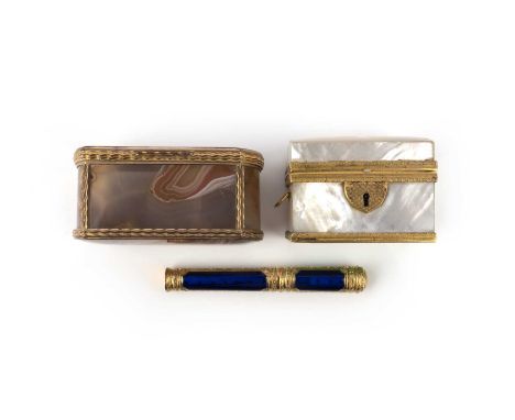 A mother of pearl box, a gold and enamel bodkin case, and a hardstone box, early-mid 19th century, comprising: a mother of pe