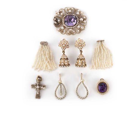 A group of seed pearl and amethyst jewels, 19th century, comprising: a brooch, set with a cushion-shaped amethyst in a closed