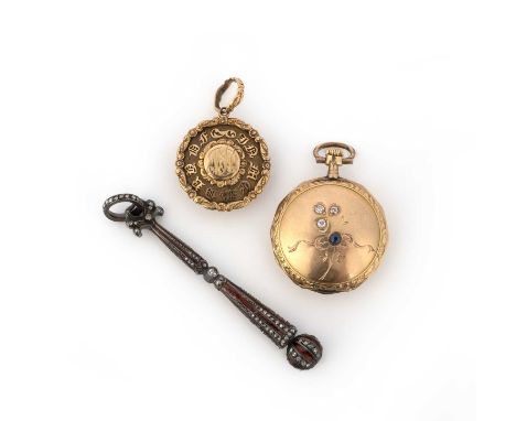 A sapphire and diamond pocket watch, early 20th century, and two pendants, 19th century, the pocket watch engraved with a tre