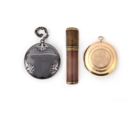 An Art Nouveau silver, enamel and agate pendant, a carnelian bodkin case and a gold powder compact, 19th/20th century, the Ar