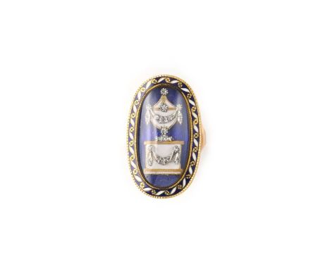 An enamel and diamond mourning ring, circa 1793, of oval outline, centring on a glazed compartment containing a funerary urn 