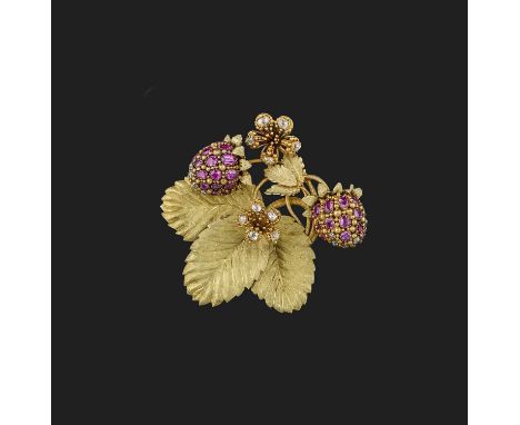 A very fine gold, ruby and diamond brooch, 1830s, naturalistically designed as a spray of wild strawberries, the leaves, stem
