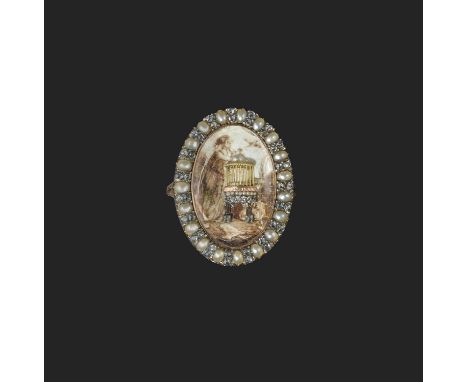 λ An ivory, pearl and diamond mourning ring, late 18th century, of oval outline, centring on a glazed compartment set with an