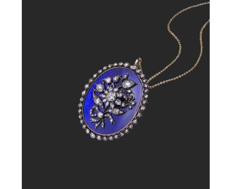 A diamond and blue glass brooch, late 18th century, the oval blue glass plaque applied with a diamond posy, the central flowe