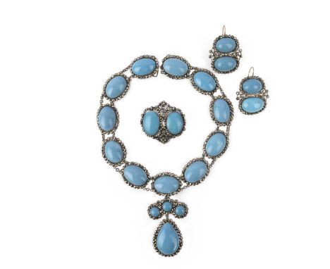 An enamel and marcasite parure, late 18th century, comprising: a necklace, a pair of earrings and a brooch, each set with ova