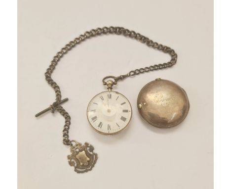 A silver pair cased George Disher verge fusee open face pocket watch, the white enamel dial having hourly Roman numeral marke