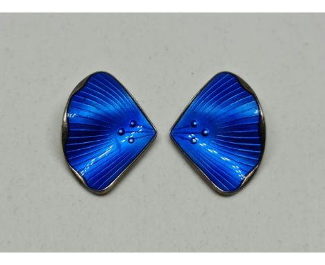A pair of Ivar Holth Norwegian guilloche enamel earrings, both of fan design featuring blue enamel, stamped 925S STERLING NOR