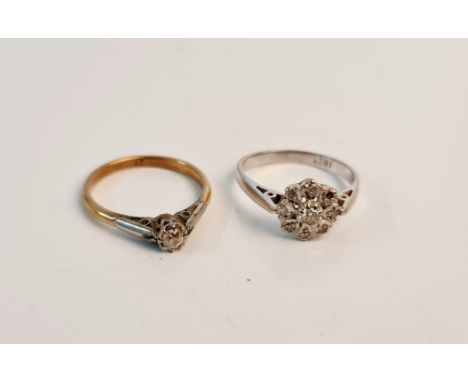 A stamped 18ct white gold diamond cluster ring, ring size L, and a stamped 9ct &amp; PLAT, single stone diamond ring, ring si