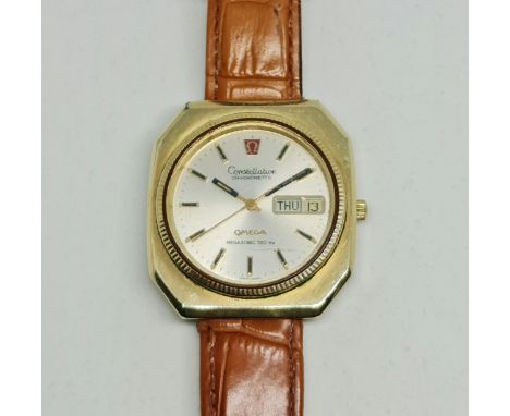 A gents gold plated Omega Constellation Chronometer Megasonic 720 Hz wrist watch, the dial having hourly baton markers with d