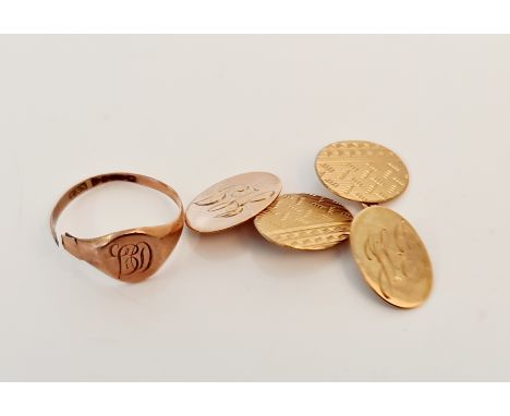 A pair of hallmarked 9ct gold cufflinks, and a hallmarked 9ct gold signet ring( broken)