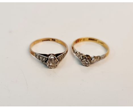 Two single stone diamond rings, one stamped platinum, other stamped 18ct &amp; plat, ring sizes M, M 1/2