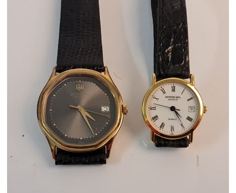 A Gent's Raymond Weil wristwatch, black dial having button hourly markers, date aperture to 3 o'clock, on leather strap, with