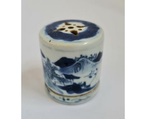 A Chinese blue and white censer stick holder with village scene to body and clouds to top height 6,5 cm.
