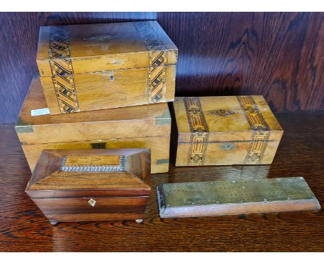A 19th century rosewood tea caddy three travel boxes and a crib board.