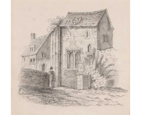 Fanny Musgrave (pupil of J.S.Cotman), Building with a gentleman figure leaning against a wall, pencil sketch, signed and date