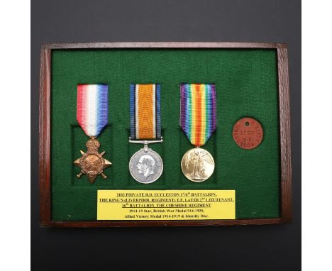 A FIRST WORLD WAR CASUALTY TRIO TO THE CHESHIRE REGIMENT. A Trio comprising 1914-15 Star named to 2102 Pte R.D. Eccleston L.P