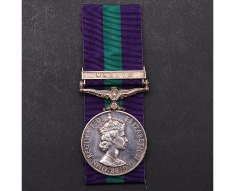 AN ELIZABETH II GENERAL SERVICE MEDAL 1918 - 1962 WITH MALAYA CLASP TO THE HAMPSHIRE REGIMENT.. A General Service Medal 1918-