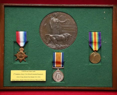 A FIRST WORLD WAR TRIO AND MEMORIAL PLAQUE TO THE ROYAL LANCASTER REGIMENT. A Great War trio comprising 1914-15 Star named to