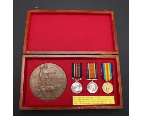 A FIRST WORLD WAR MILITARY MEDAL CASUALTY GROUP OF THREE AND PLAQUE TO THE ESSEX REGIMENT. A Great War Group of three compris